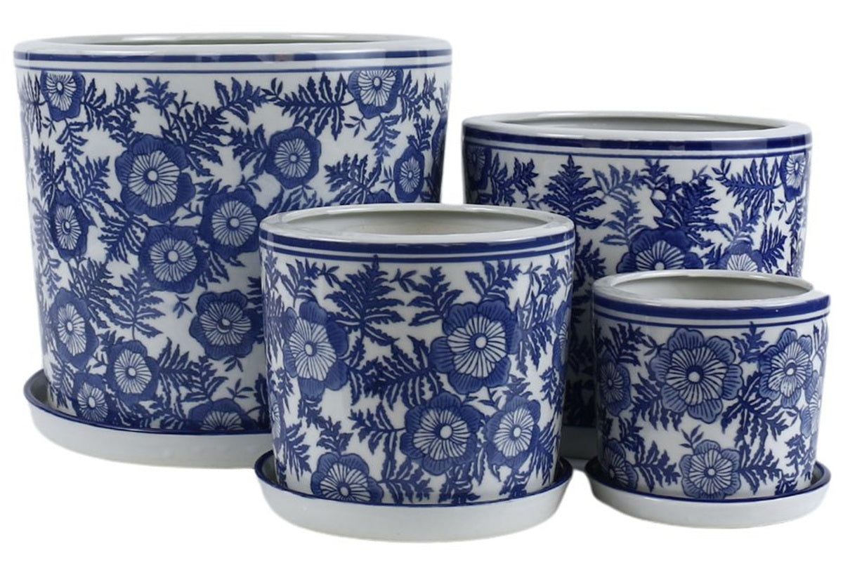 Blue and White Cylinder Planter with Saucer - Fleur