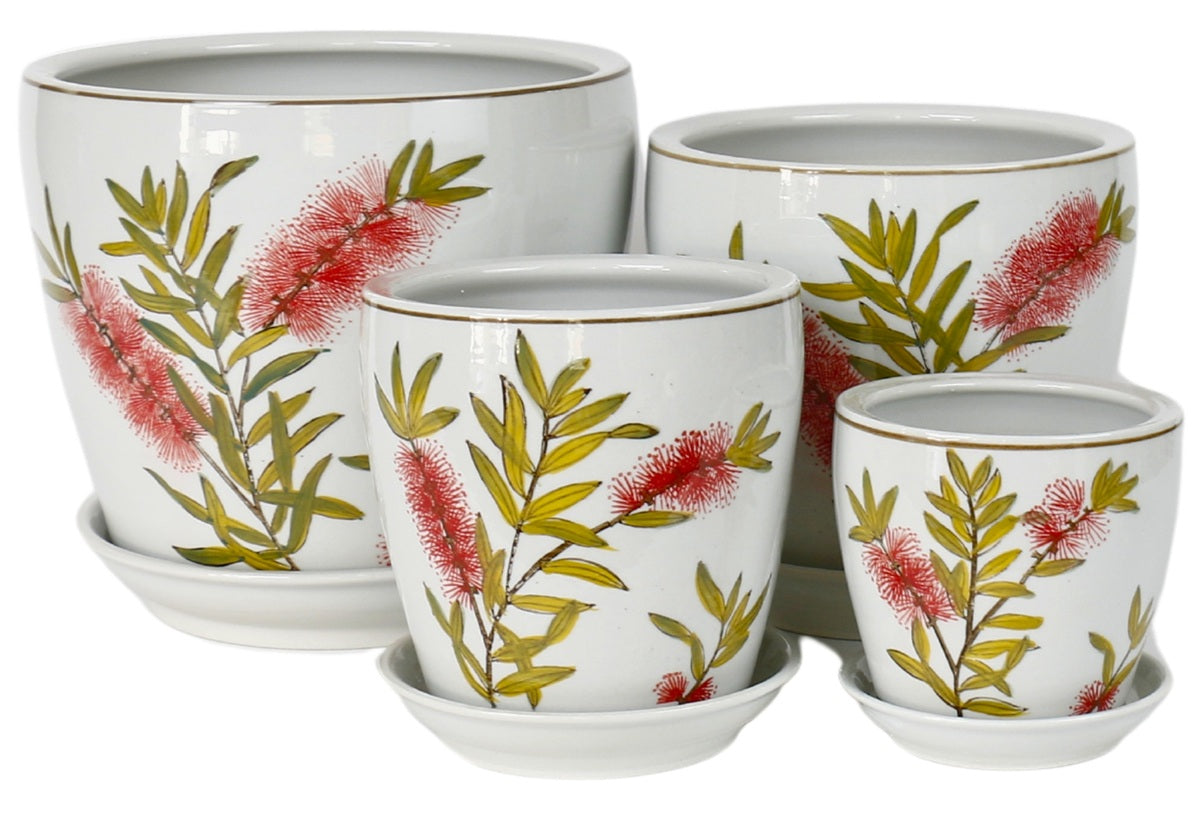 Round Ceramic Planter with Saucer - Hand-Painted Australian Bottle Brush