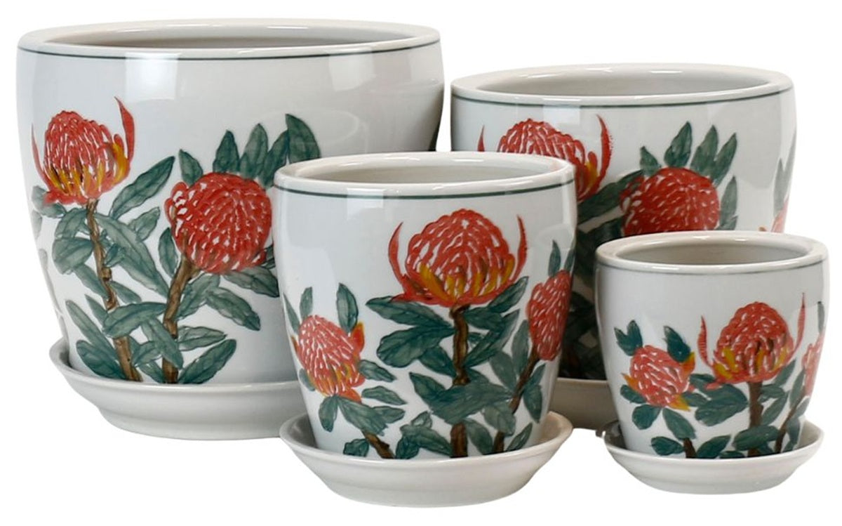Round Ceramic Planter with Saucer - Hand-Painted Australian Waratah