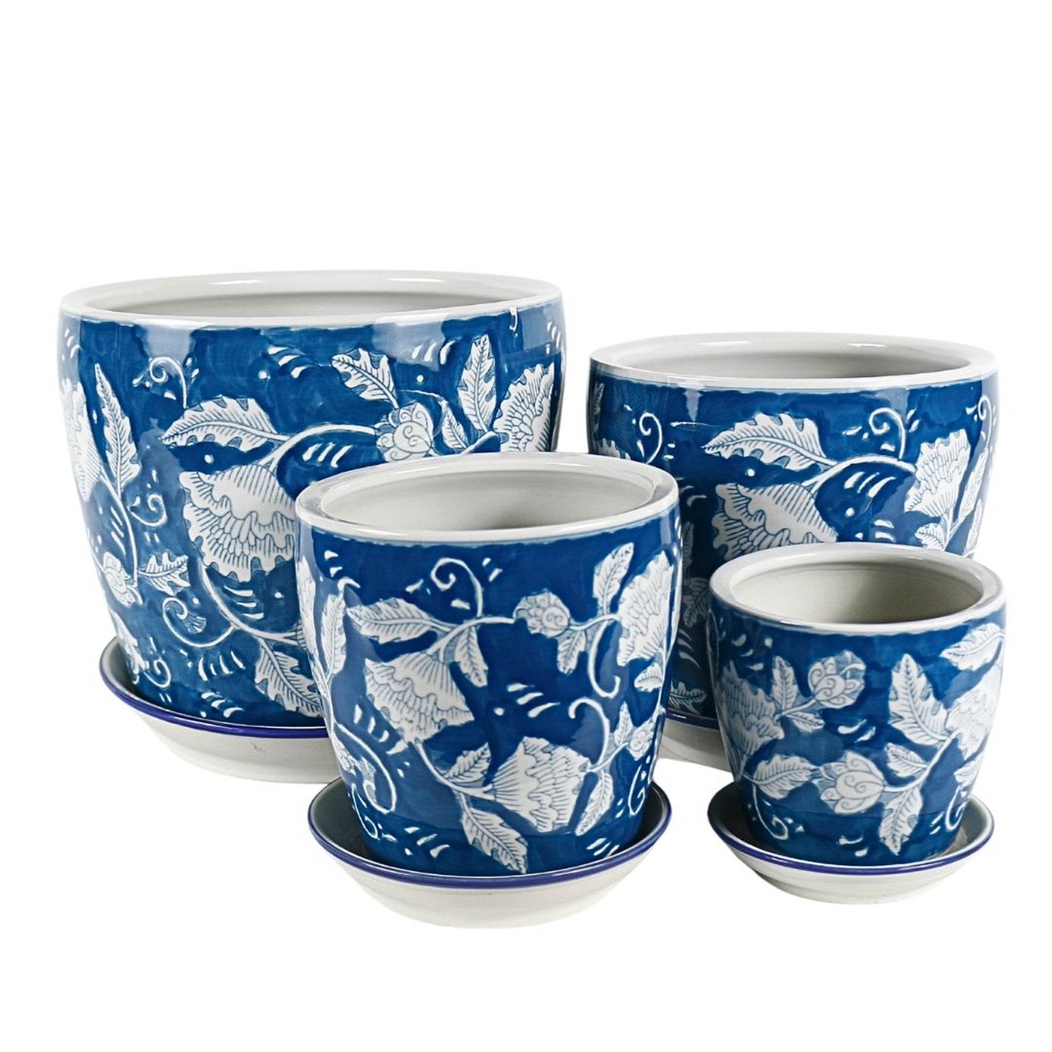 Round Ceramic Planter with Saucer - Cobalt Blue & White Floral