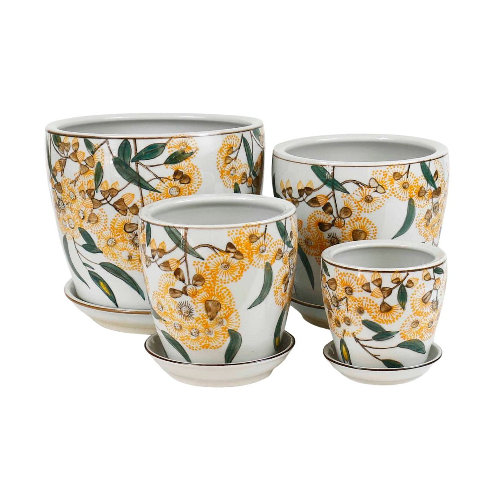 Round Ceramic Planter with Saucer - Hand-Painted Australian Yellow Blossom