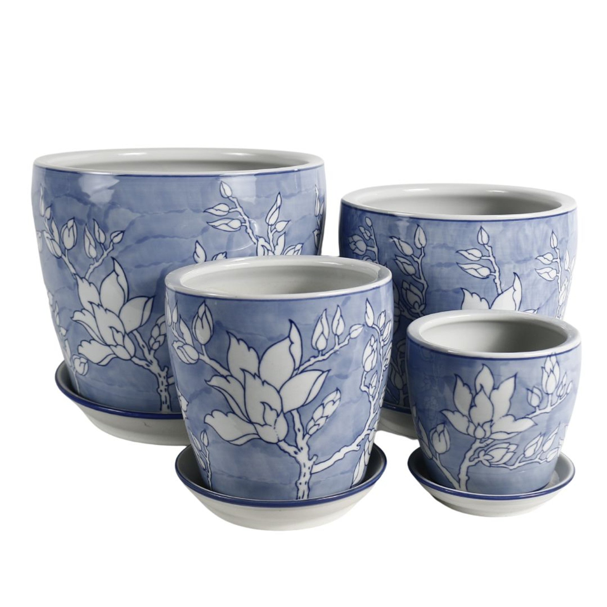 Round Ceramic Planter with Saucer - Lilac & White Magnolia