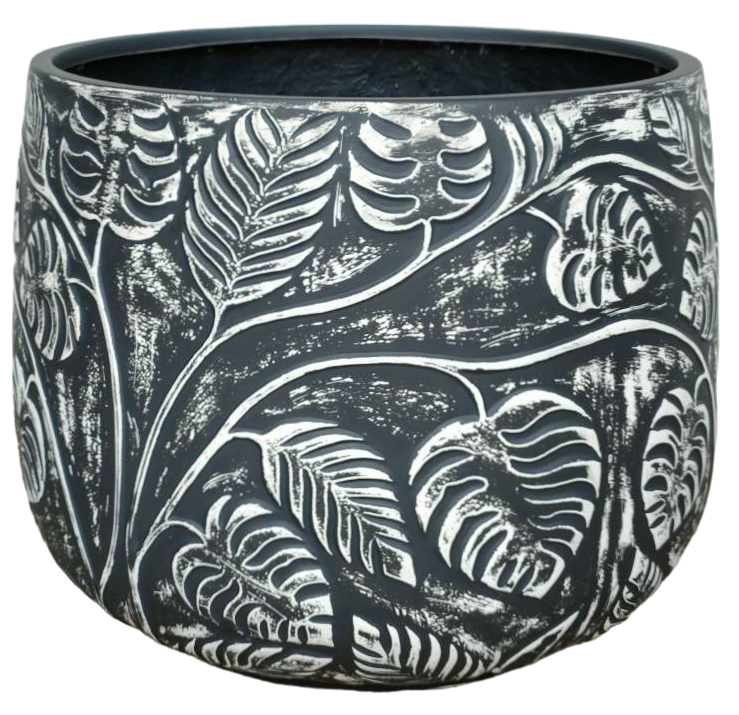 Bunge Monstera Fibreglass Pot - Black with White Leaves