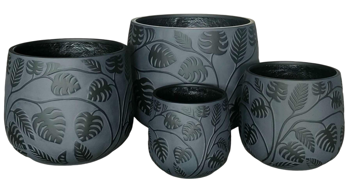 Bunge Monstera Fibreglass Pot - Dark Grey with Black Leaves