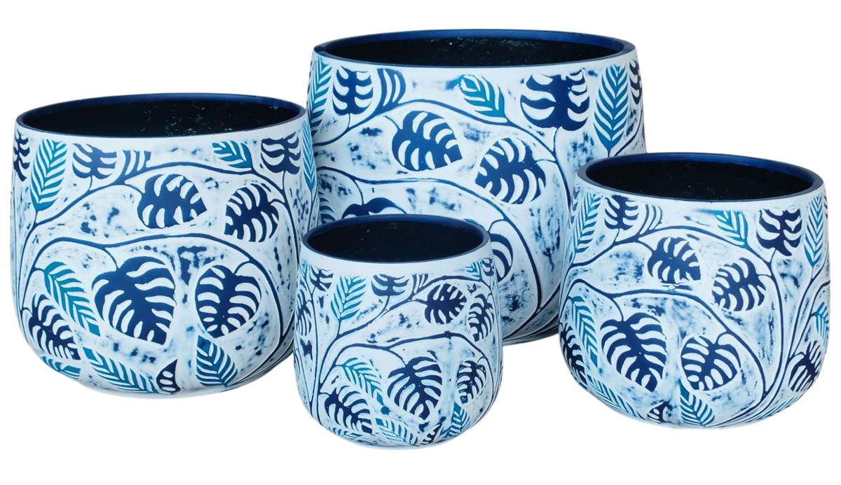 Bunge Monstera Fibreglass Pot - White with Blue Leaves