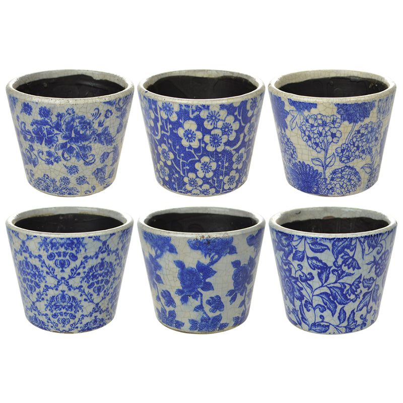 Round Vintage Blue White Ceramic Planter
