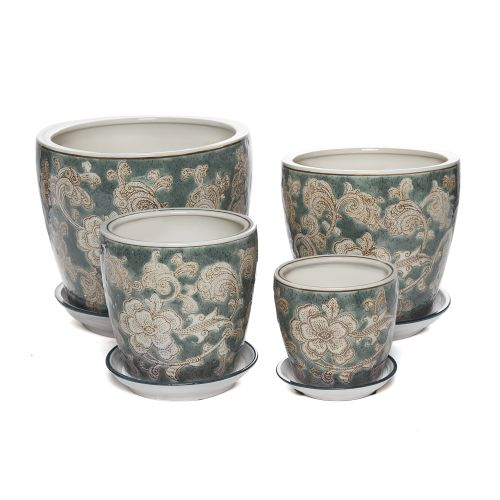 Round Pot with Saucer - Olive Floral