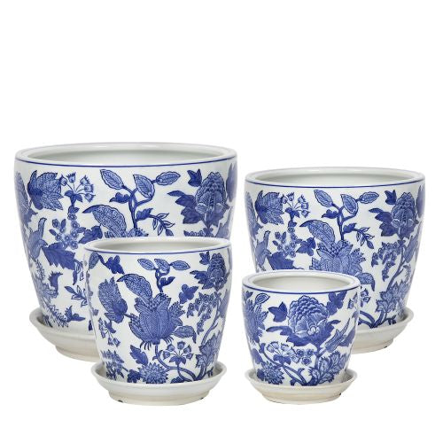 Round Pot with Saucer - Spring Garden - Blue and White