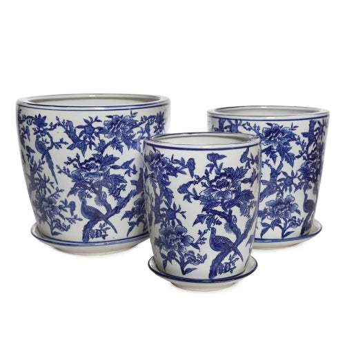 Mega Pot with Saucer - Birdsong - Blue and White
