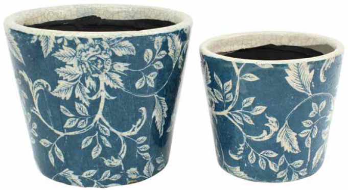Rustic Round Pot Blue Leaf