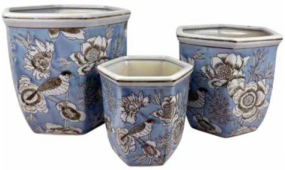 Hexagonal Pot With Saucer Feathers And Flora
