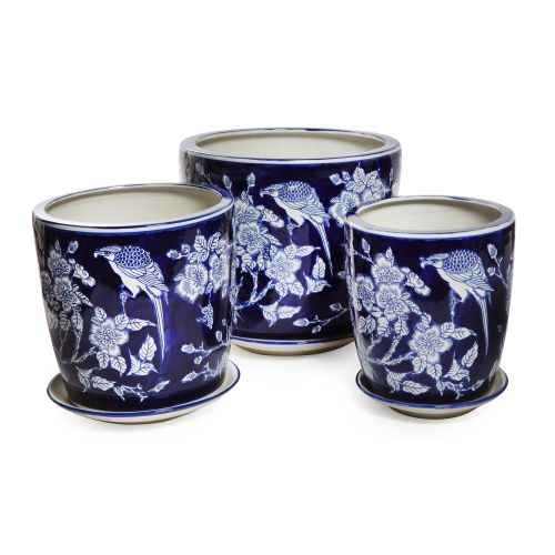 Mega Pot with Saucer - Parrot - Blue and White