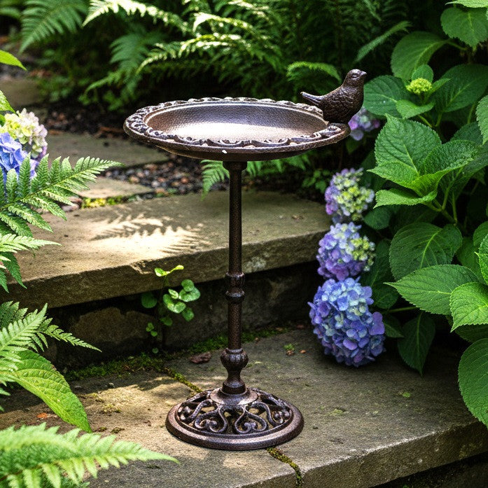 Bird Bath with Sitting Bird - Cast-Iron