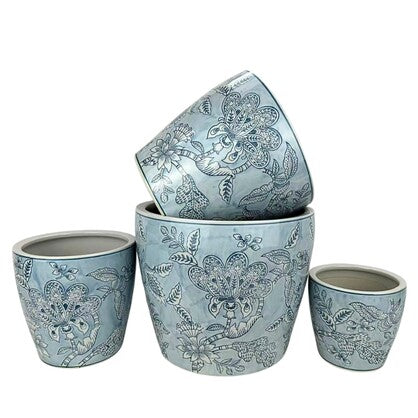 Round Ceramic Planter with Saucer - Aegean Lace