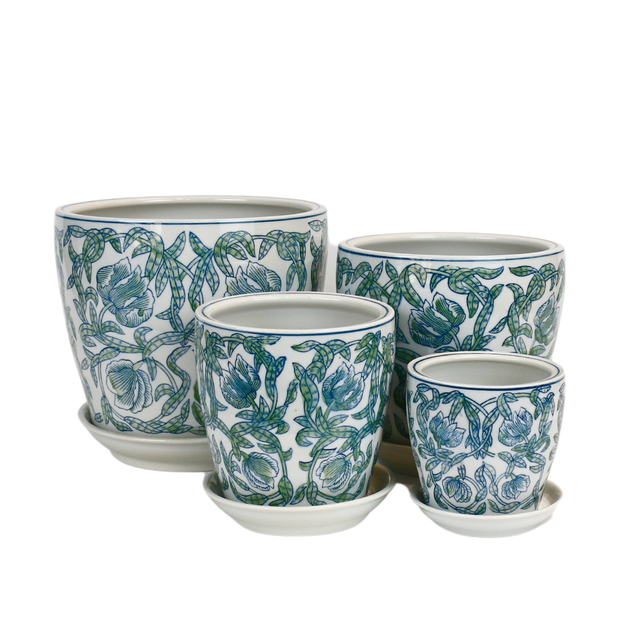 Round Ceramic Planter with Saucer - Blue & Green Vines