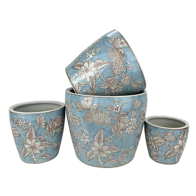 Round Ceramic Planter with Saucer - Blue Harvest