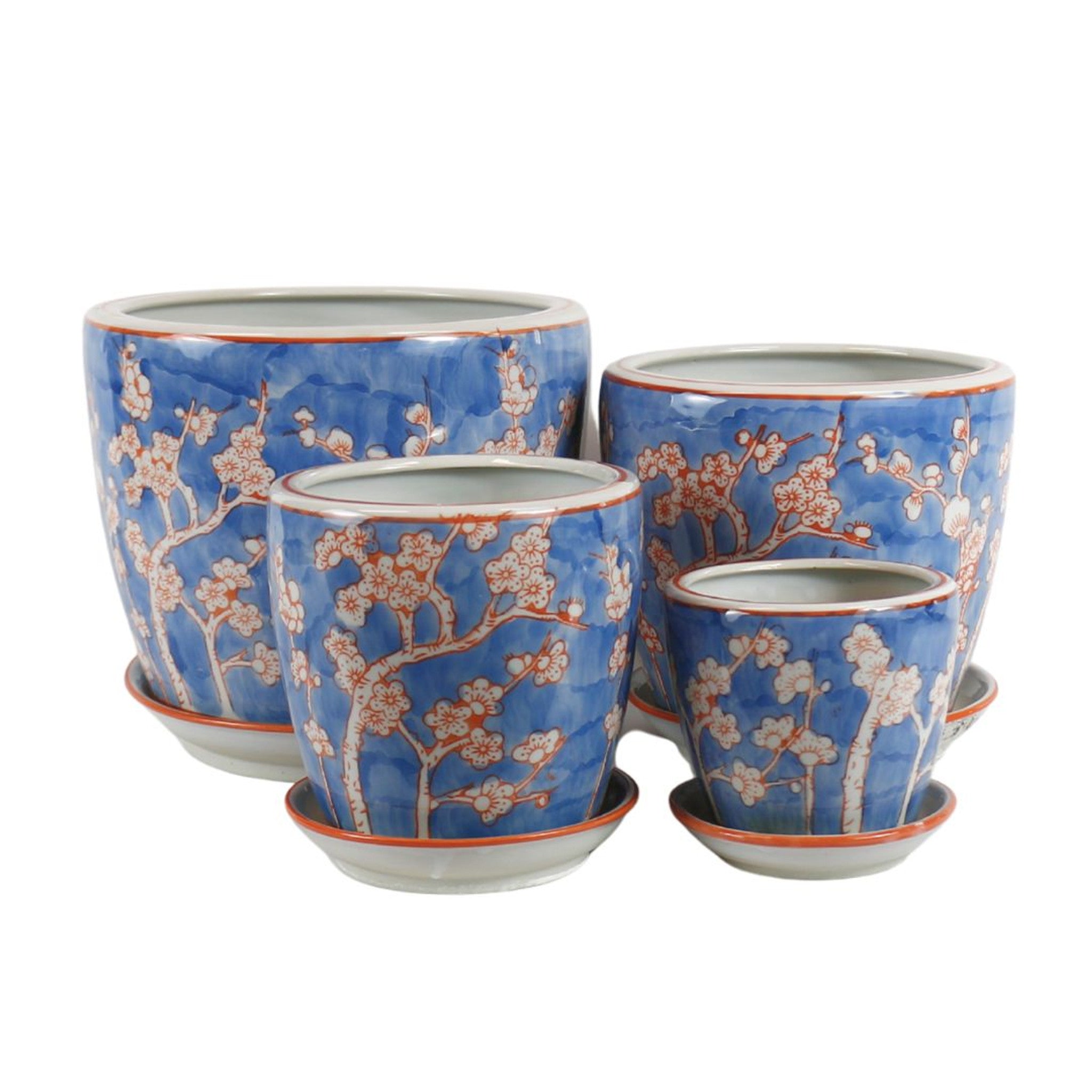 Round Ceramic Planter with Saucer - Blue & Red Coral Blossom