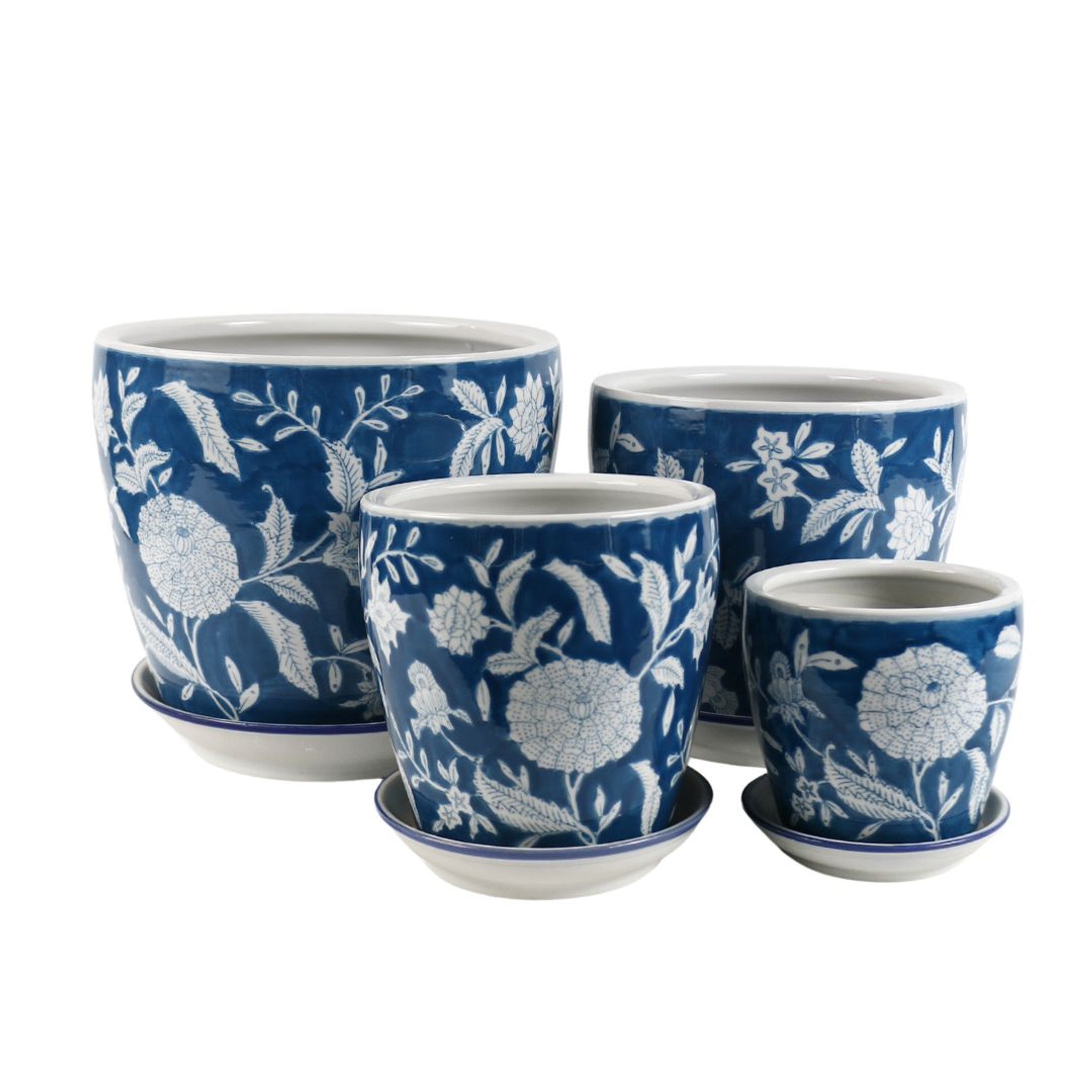 Round Ceramic Planter with Saucer - Blue Teal & White Floral