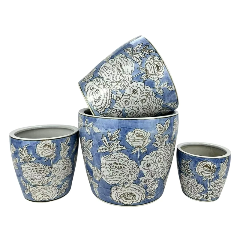 Round Ceramic Planter with Saucer - Blue & White Cornflower