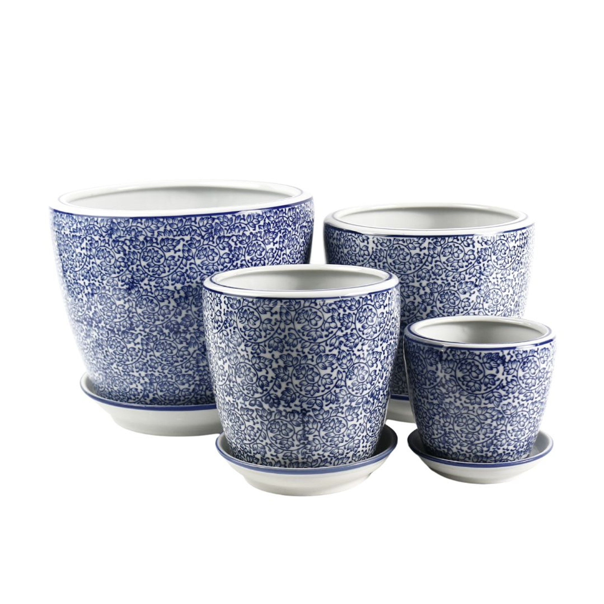 Round Ceramic Planter with Saucer - Blue & White Floral Swirl