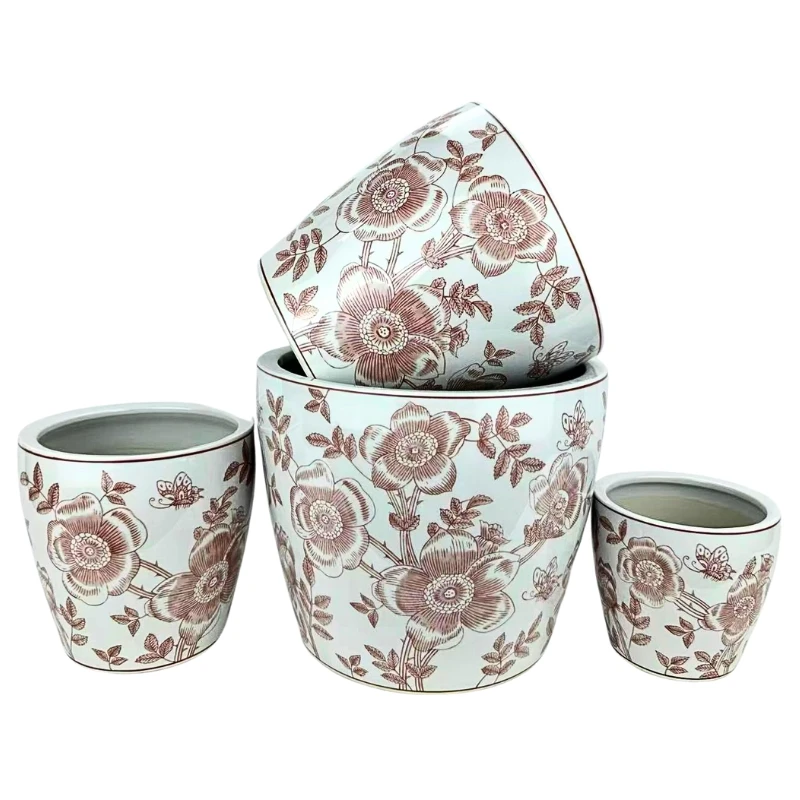 Round Ceramic Planter with Saucer - Blush & White Peony