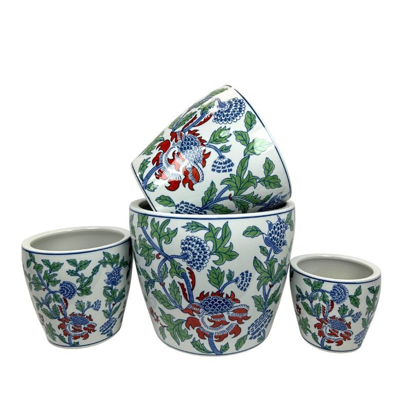 Round Ceramic Planter with Saucer - Green, Blue & Red Chinoiserie Garden