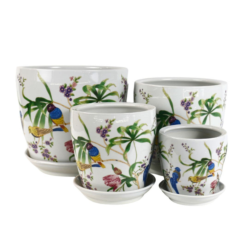Round Ceramic Planter with Saucer - Floral Birds