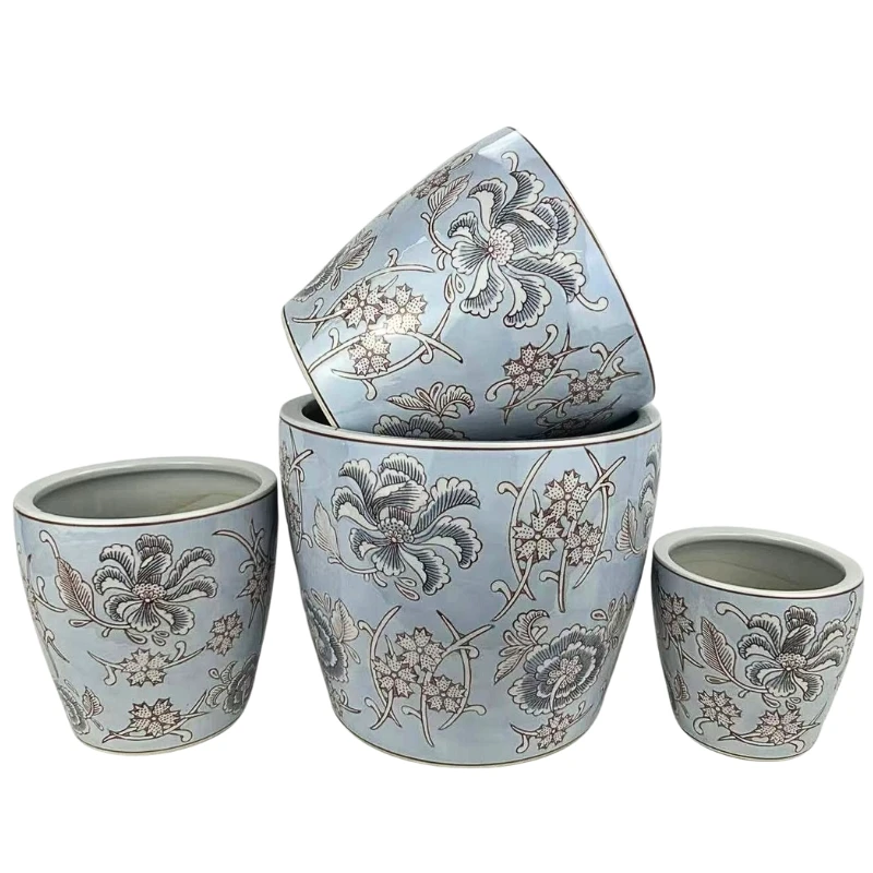 Round Ceramic Planter with Saucer - Mist Bloom
