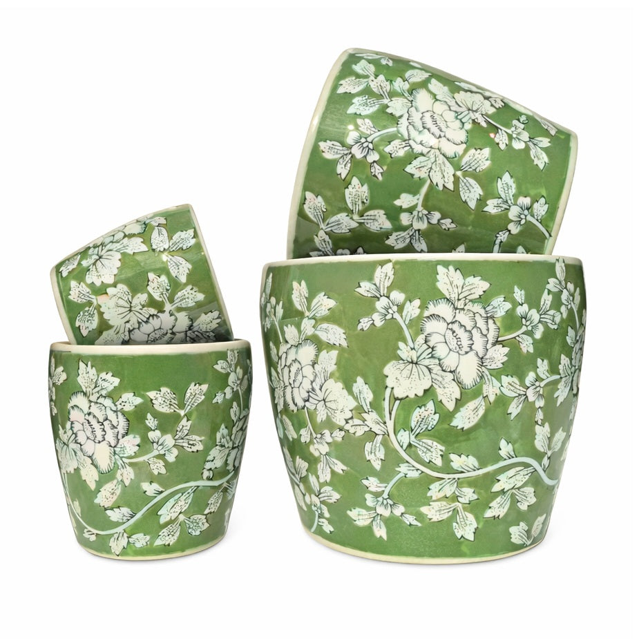 Round Ceramic Planter with Saucer - Green & White Moss Blossom