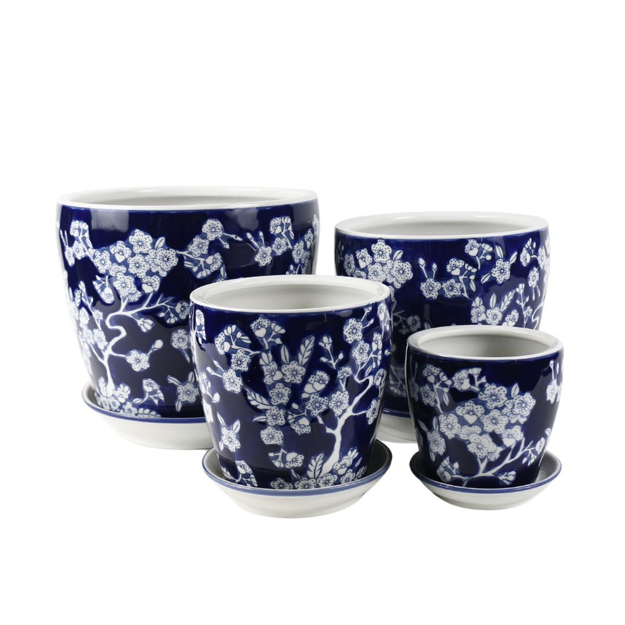 Round Ceramic Planter with Saucer - Navy Blue & White Cherry Blossom