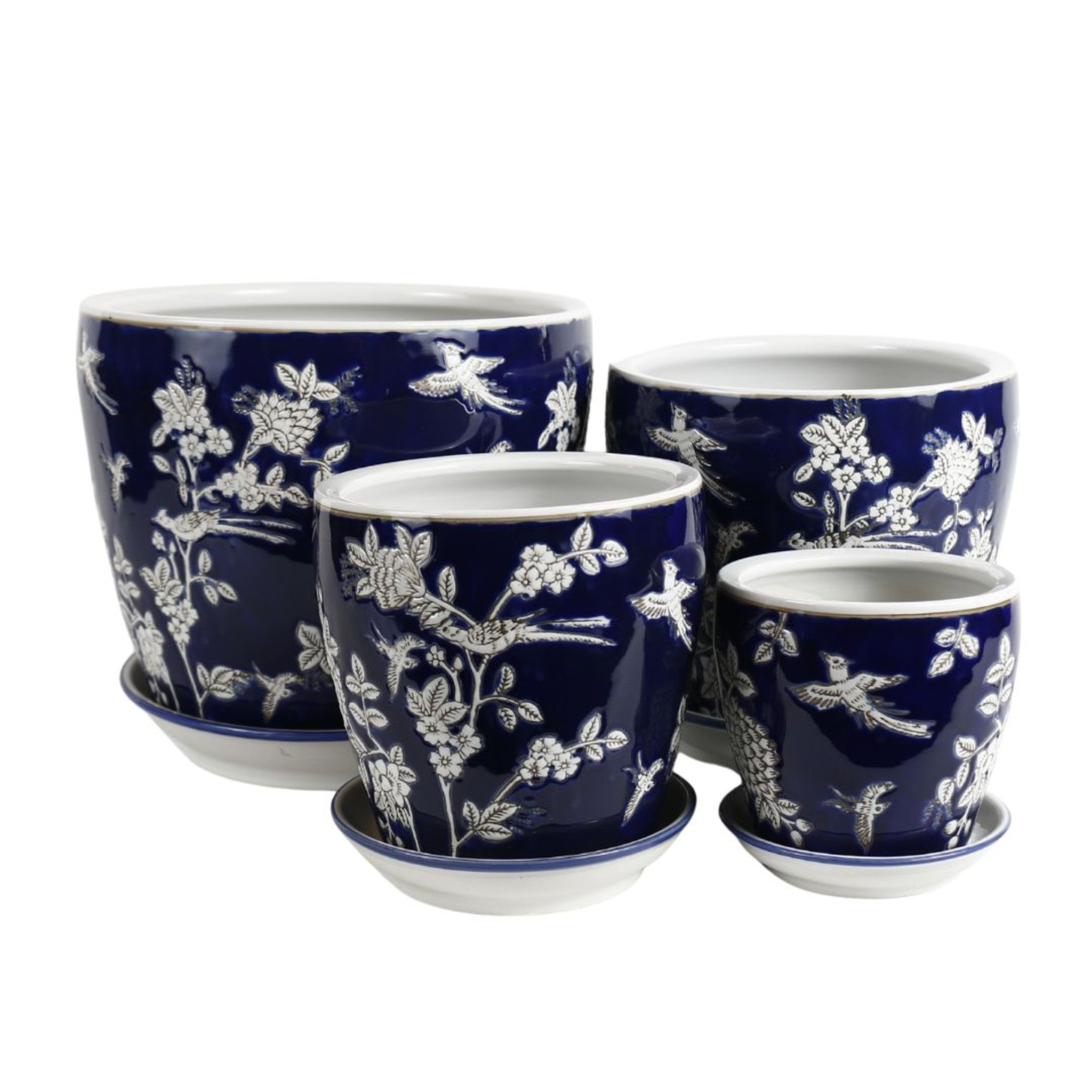 Round Ceramic Planter with Saucer - Navy Blue & White Floral Birds