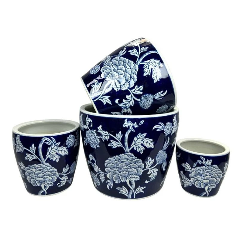 Round Ceramic Planter with Saucer - Navy & White Peony