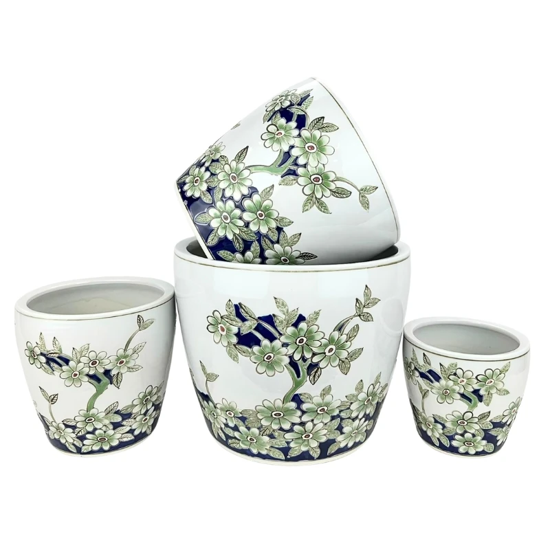 Round Ceramic Planter with Saucer - Sage Blossom