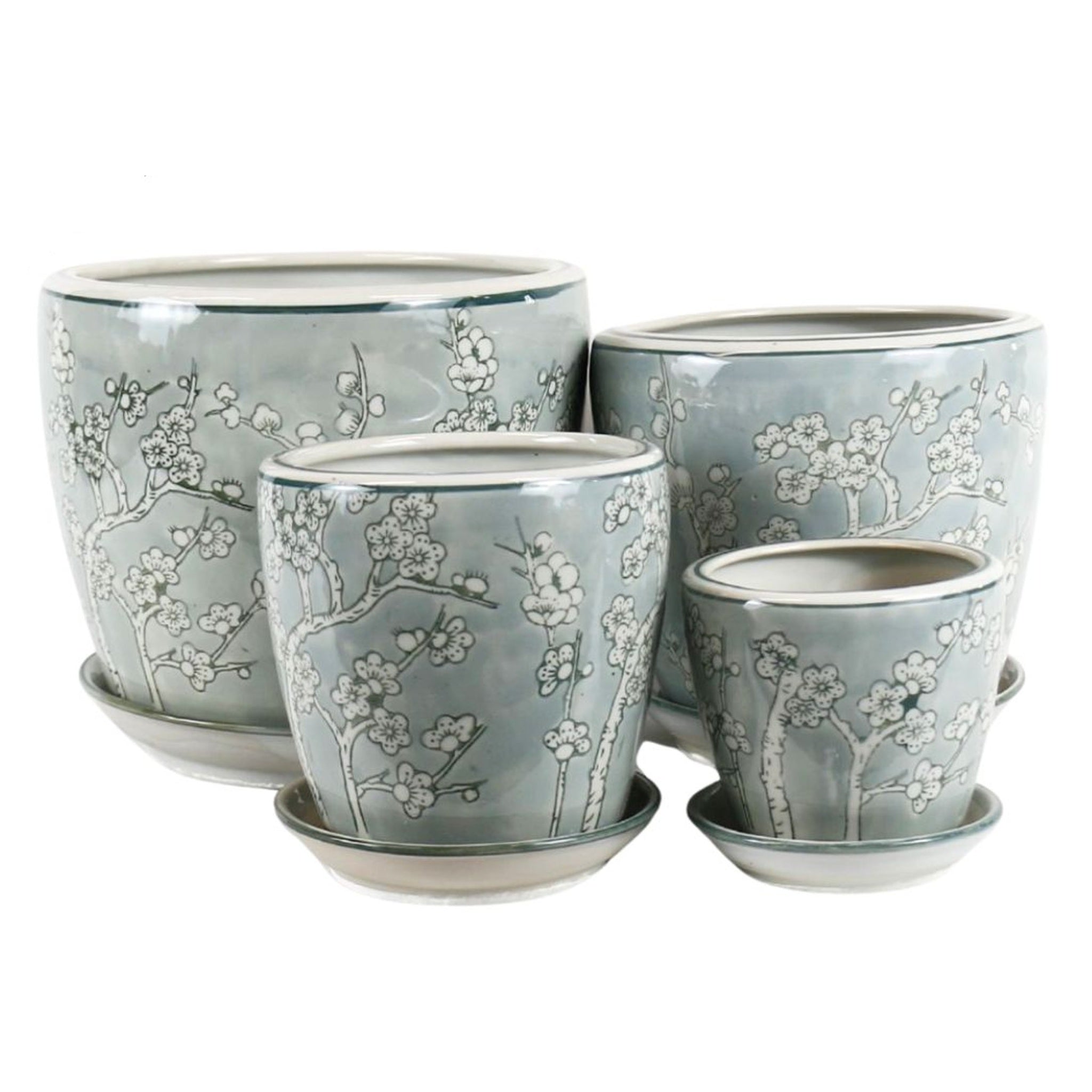 Round Ceramic Planter with Saucer - Silver & Grey Blossoms