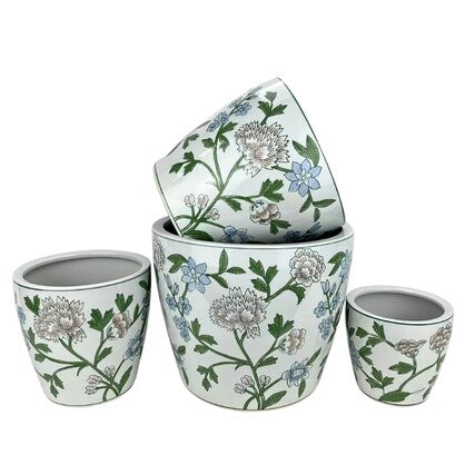 Round Ceramic Planter with Saucer - Spring Meadow