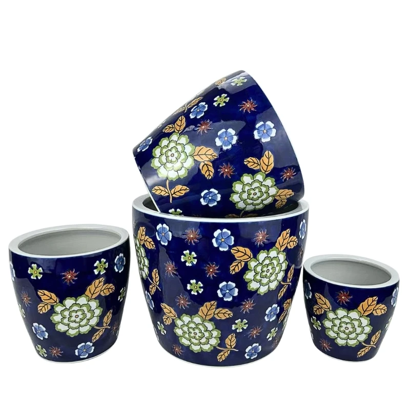Round Ceramic Planter with Saucer - Twilight Garden
