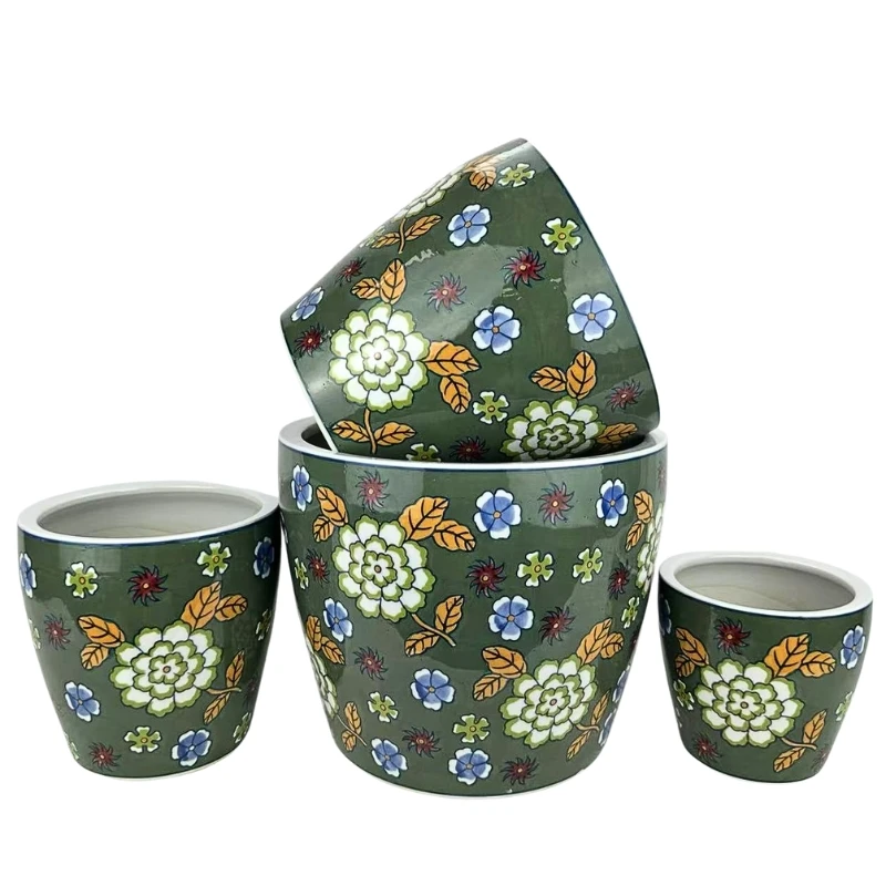 Round Ceramic Planter with Saucer - Verdant Garden