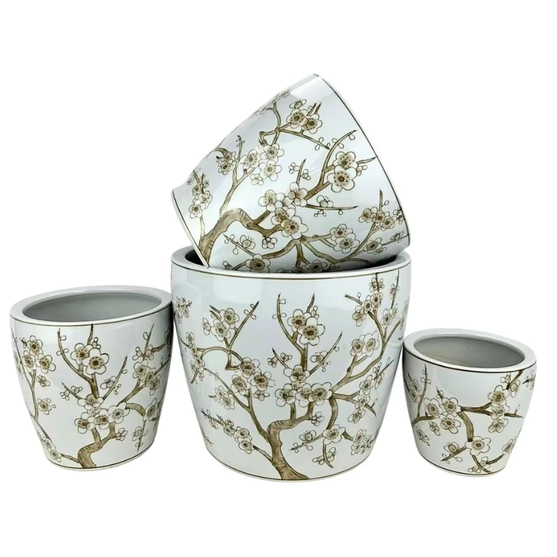 Round Ceramic Planter with Saucer - White Blossom