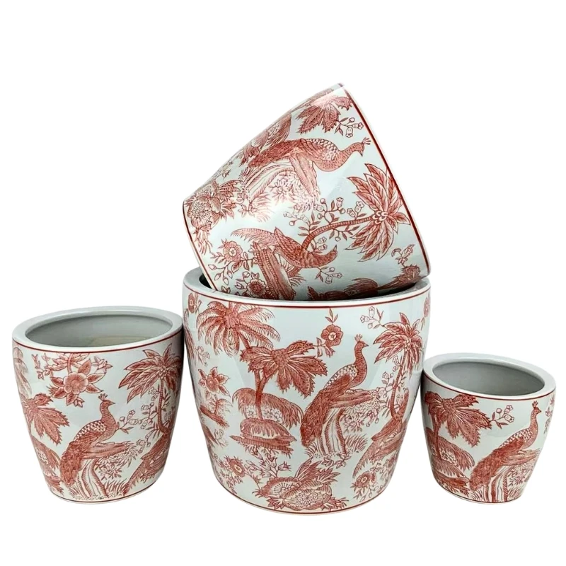 Round Ceramic Planter with Saucer - White & Red Peacock Jungle