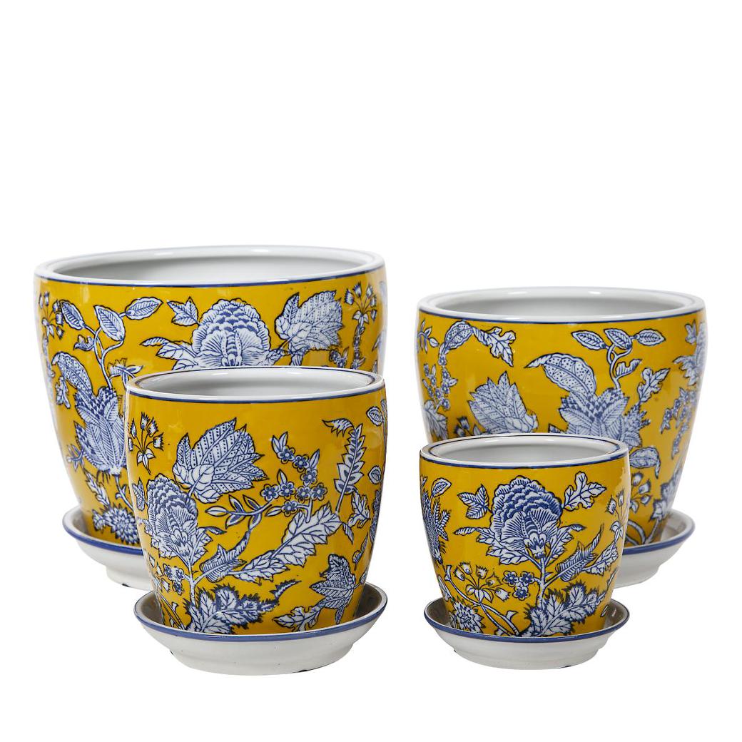 Round Pot with Saucer - Paradise - Yellow, Blue and White