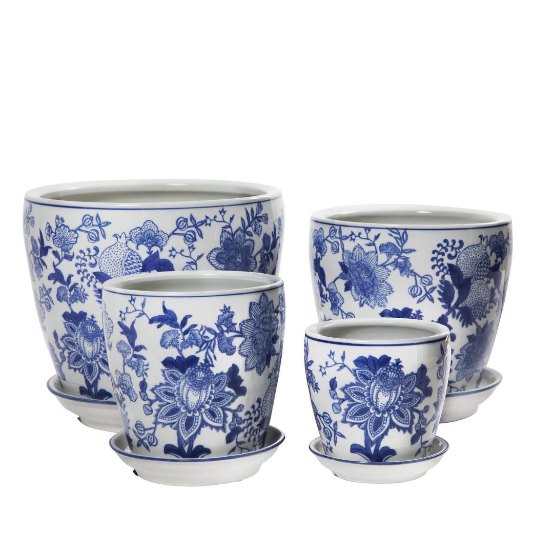 Round Pot with Saucer - Harvest - Blue and White
