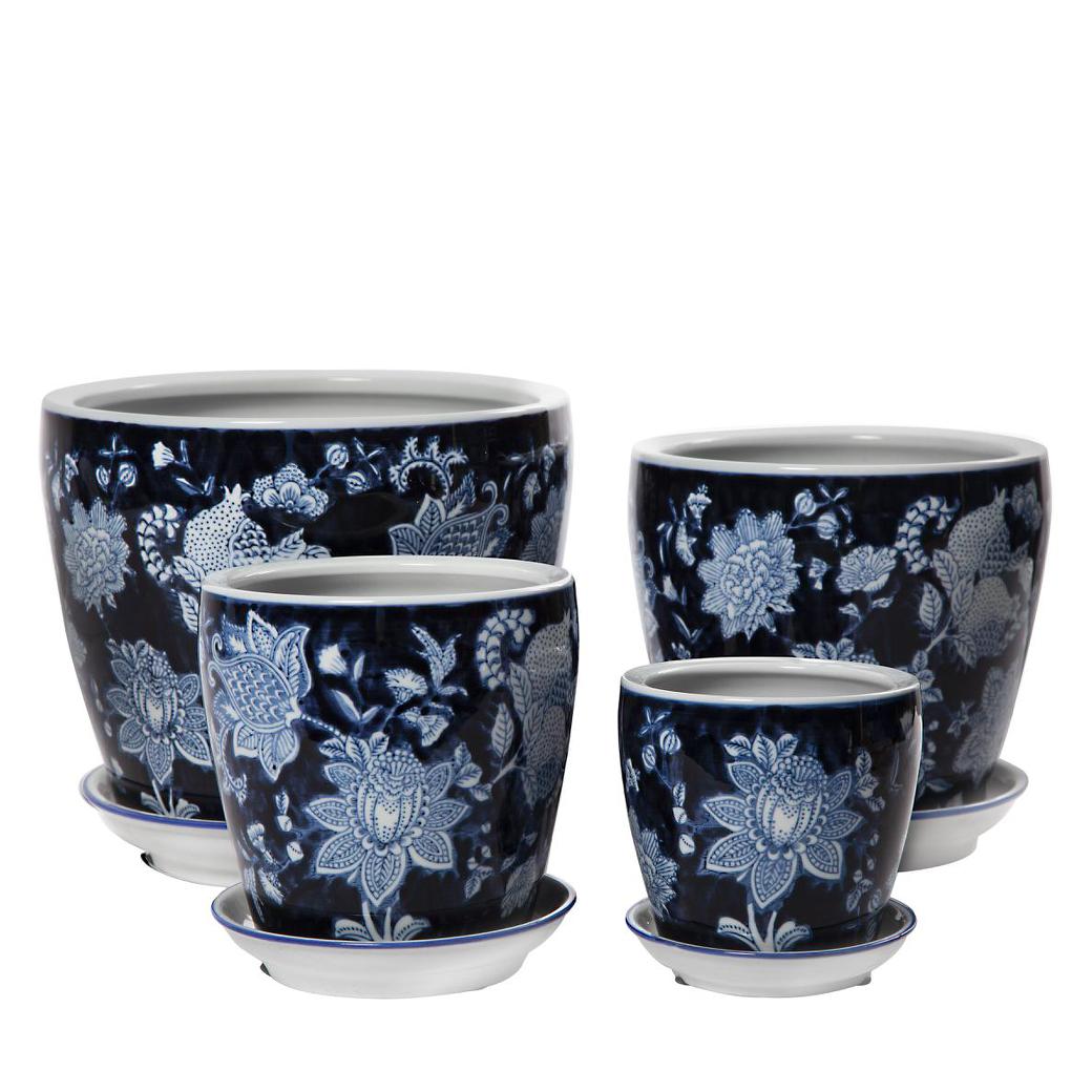 Round Pot with Saucer - Night Garden - Blue and White
