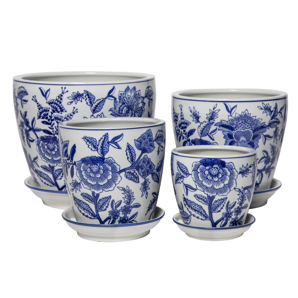 Round Pot with Saucer - Peony - Blue and White