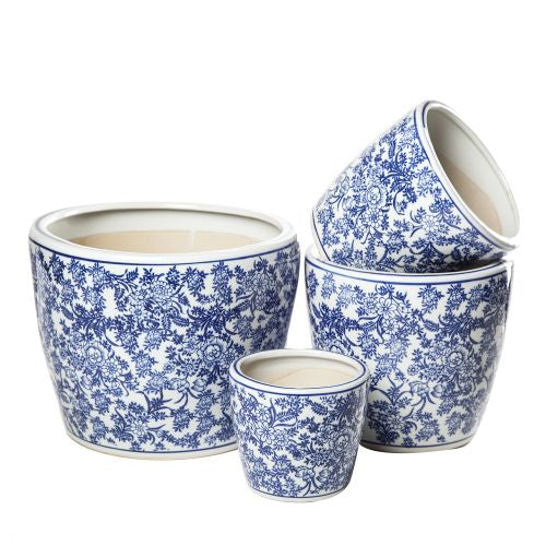 Round Pot with Saucer - Bouquet - Blue and White