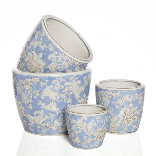 Round Pot with Saucer - Flowers - Blue and White