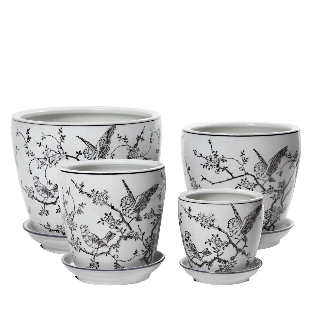 Round Pot with Saucer - Black Bird
