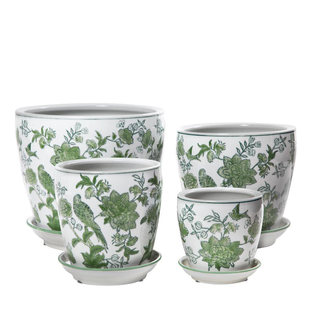 Round Pot with Saucer - Green Bird