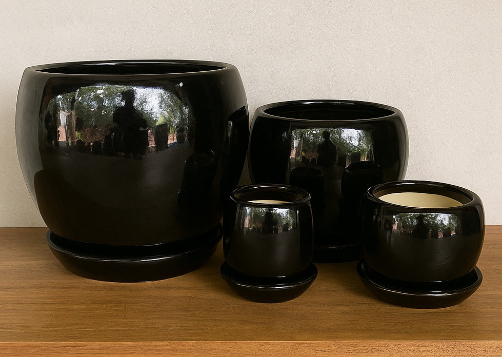 Ceramic Ball Pot with Saucer - Shiny Black