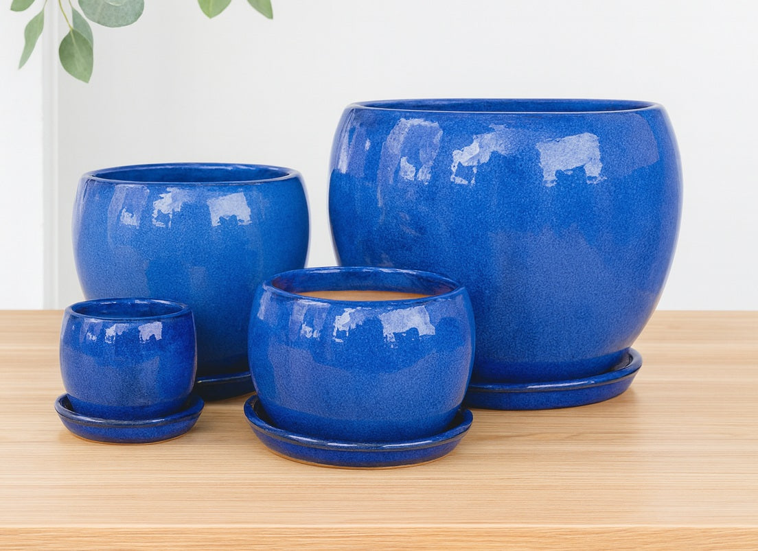 Ceramic Ball Pot with Saucer - Juicy Blue