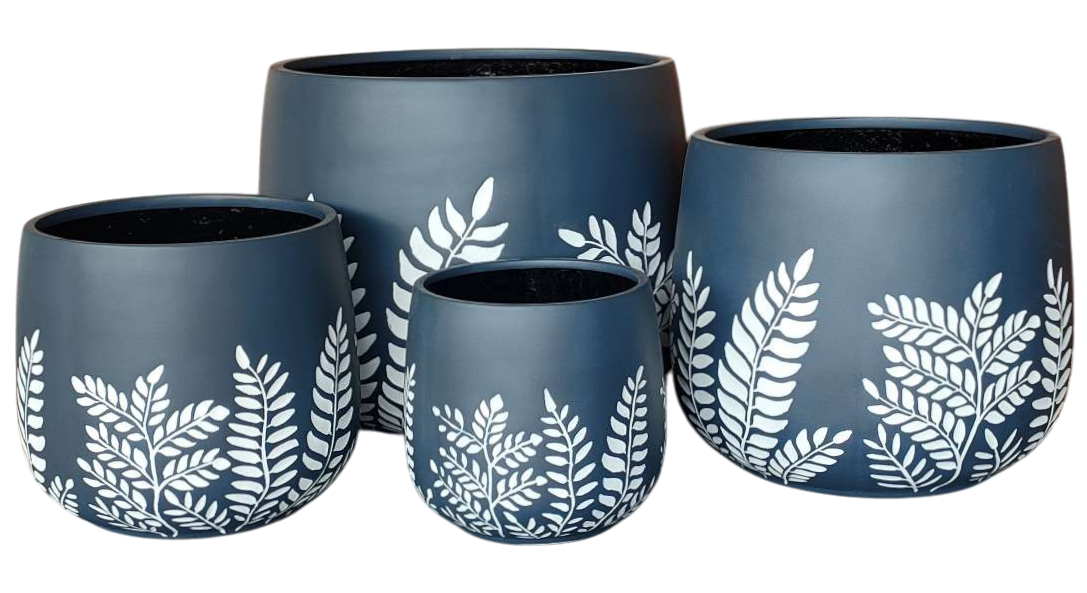 Bunge Fern Fibreglass Pot - Dark Grey with White Leaves